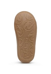 Brun gummisula med ett strukturerat mönster av cirkulära logotyper och ordet "Naturino," med en slät kant och siffran "20."