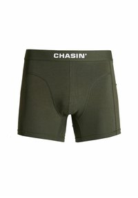 Olivno zeleni bokserice iz mehkega materiala. Imajo bel elastični pas s ''CHASIN'' logotipom in detajli šivanja.