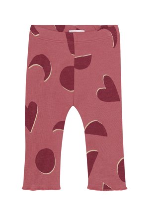 Rosa gerippte Leggings für Kleinkinder mit dunkelroten Herzen, Kreisen und Halbmondformen, mit einem Rüschensaum am Ende jedes Beins.