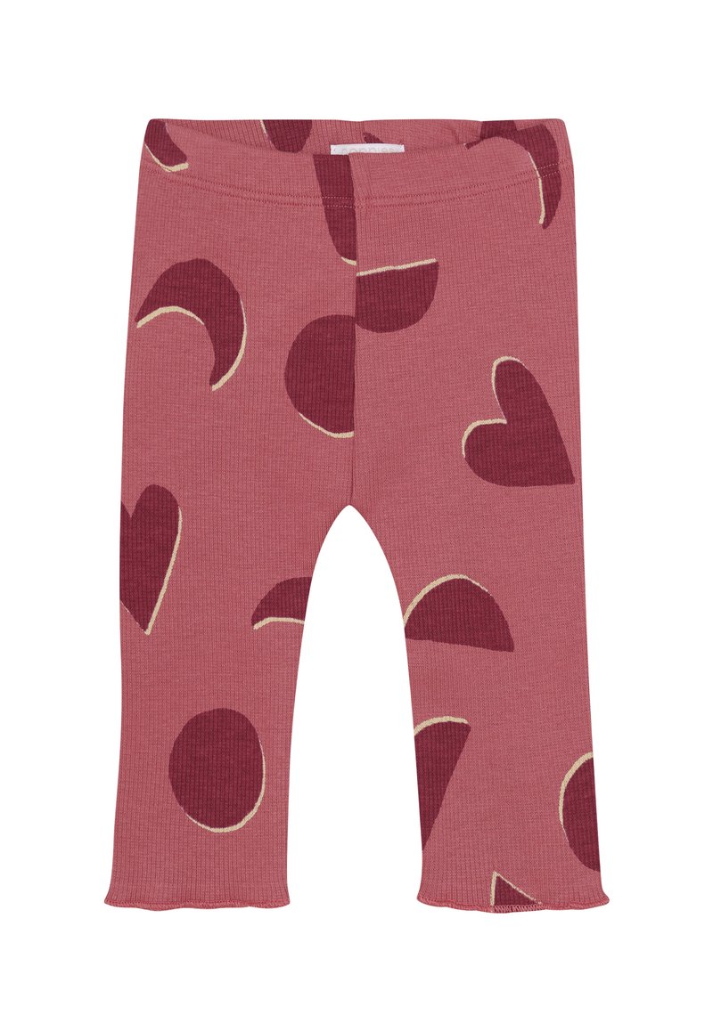 Leggings pour tout-petits rose côtelés avec des cœurs rouges foncés, des cercles et des formes en croissant, dotés d'un ourlet volanté au bas de chaque jambe.