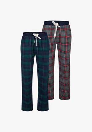 Twee paar geruite loungebroeken: één in donker groen met marineblauwe strepen, de ander in grijs met rood, groen en blauw ruitpatroon.