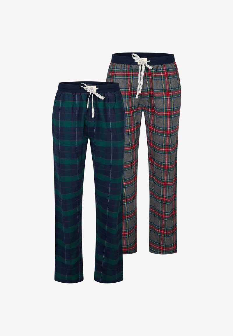 Twee paar geruite loungebroeken: één in donker groen met marineblauwe strepen, de ander in grijs met rood, groen en blauw ruitpatroon.