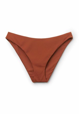 Bas de bikini marron sans couture, taille haute, en tissu lisse, posé à plat sur fond blanc.