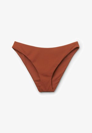 Bas de bikini marron sans couture, taille haute, en tissu lisse, posé à plat sur fond blanc.