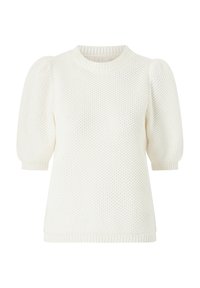 Maglione bianco lavorato a maglia con un motivo testurizzato, colletto rotondo e maniche corte a sbuffo. Polsini elastici alle maniche e all'orlo.