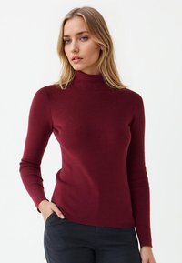 Burgundy turtleneck sweater in a fitted design with long sleeves, made of a soft, textured knit fabric. Worn with dark pants.