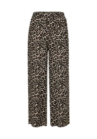 Pantalon à jambes larges à imprimé léopard avec taille élastique. Le tissu présente une base beige avec des taches noires et marron. Léger et ample.