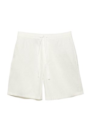 Białe, casualowe szorty z elastycznym paskiem w talii i regulowanym sznurkiem, wyposażone w boczne kieszenie i o luźnym kroju.