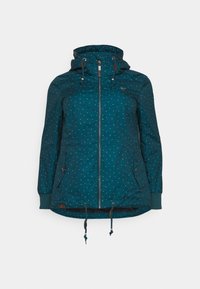 Teal jacket with polka dot pattern, zip front, adjustable hood, and drawstring hem. Features two side pockets and ribbed cuffs.