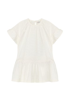 Robe blanche à manches courtes avec col rond, motif ajouré subtil, taille froncée, ourlet à volants et fermeture par bouton clé à l'arrière.