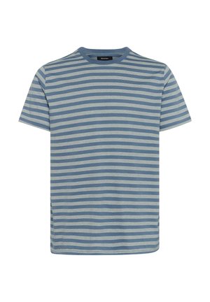 T-shirt a maniche corte a righe blu e grigio chiaro, realizzata in tessuto morbido, con scollo rotondo e orlo dritto.