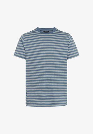 T-shirt a maniche corte a righe blu e grigio chiaro, realizzata in tessuto morbido, con scollo rotondo e orlo dritto.