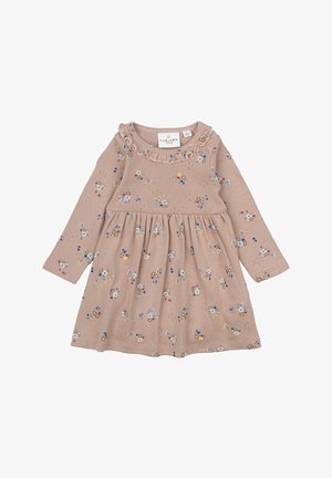 Haljina dugih rukava od mekog bež materijala s volanom oko vrata, s laganim cvjetnim uzorkom u plavoj, žutoj i bijeloj boji, sa suknjom u obliku zvona.