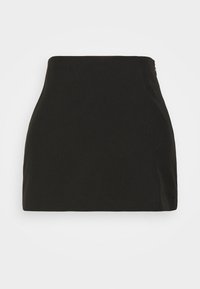 Černá mini sukně vyrobená z hladkého, lehkého materiálu. Má přiléhavý siluetu, diskrétní boční zip, čisté linie a bez vzorů.