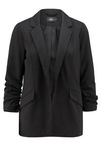 Musta bleiseri, jossa on räätälöity muotoilu, jossa on taitettu kaulus, pitkät hihat ja kaksi etutaskua. Silkkinen kangas, jossa on mattapintainen textura.