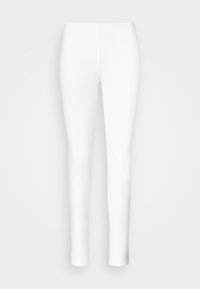 Vita slim-fit byxor i stretchigt material. Har en slät yta och midjebyggd midja, med ankellånga fållar.