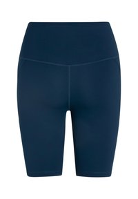 Tumesinised kõrge vöökohaga ratturi lühikesed püksid, millel on lamedad õmblused ja sile, veniv kangas, mõeldud sportimiseks.