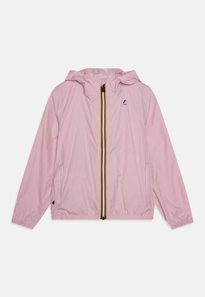 Light pink lightweight jacket with a hood, zipper front featuring a yellow and black stripe, elastic cuffs, and a logo on the chest.