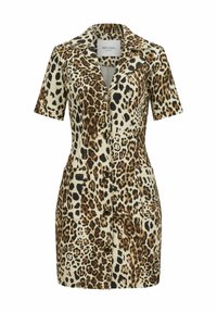 Leopardenmuster Kleid mit kurzen Ärmeln, Knopfleiste und zwei Taschen. Hergestellt aus weichem Stoff, mit klassischem Kragen und gedämpfter Farbpalette.