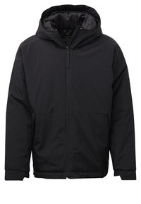 Veste d'hiver matelassée noire avec capuche, fermeture éclair à l'avant et poches latérales, conçue pour le temps froid.