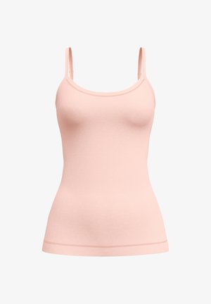 Light pink tank top made from soft fabric, featuring thin straps, a rounded neckline, and a fitted silhouette with subtle seam detailing.