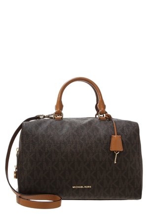 Tmavě hnědá kabelka Michael Kors s vzorovaným logem, koženými držadly barvy opál a odnímatelným ramenním popruhem, s malým koženým držákem na klíče.