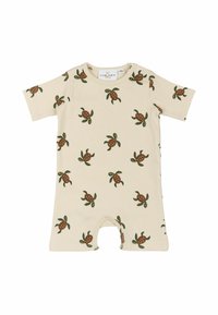 Romper beige a coste con maniche corte, caratterizzato da un motivo di tartaruga e foglie in verde e marrone. Chiusura a scatto sul fondo per un facile cambio.