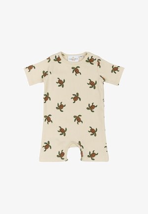 Bēša ribota kombinezona ar īsām piedurknēm, kas rotāta ar čūskas un lapu rakstu zaļā un brūnā krāsā. Apakšā ir pogu aizdare vieglai tērpšanai.