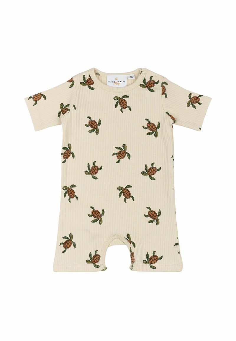 Romper beige a coste con maniche corte, caratterizzato da un motivo di tartaruga e foglie in verde e marrone. Chiusura a scatto sul fondo per un facile cambio.