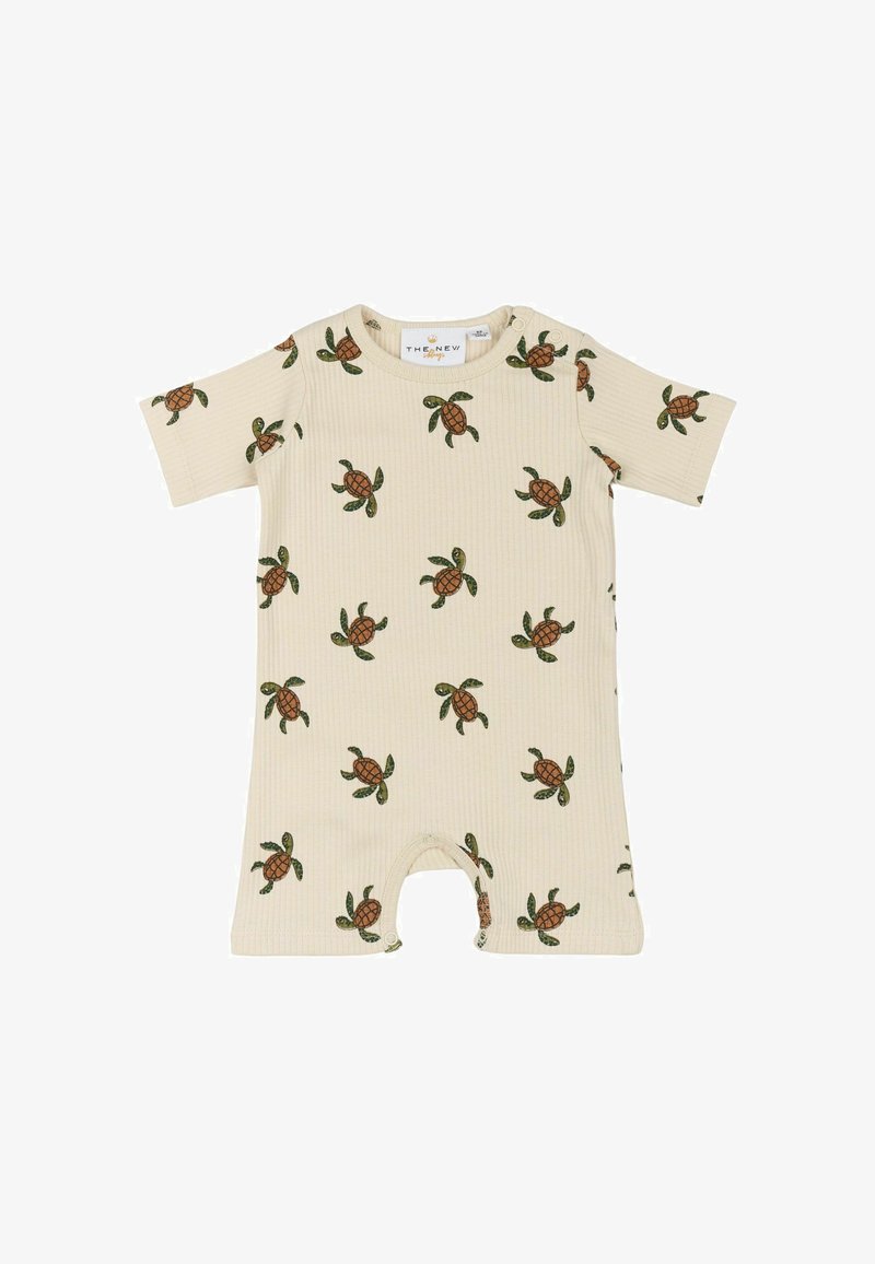 Beżowy kombinezon z prążkowanej tkaniny, krótki rękaw, ozdobiony wzorem żółwia i liści w zieleni i brązie. Zapięcie na napy na dole ułatwiające ubieranie.