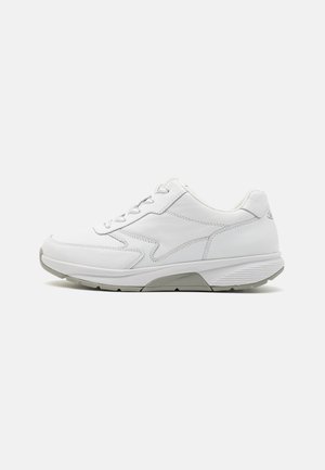 White athletic shoes made of leather with a cushioned sole, featuring a lace-up design, smooth texture, and subtle grey accents.