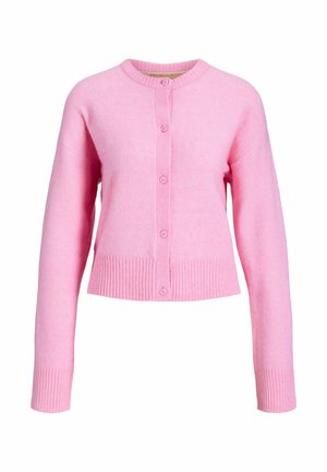 Cardigan in lana rosa con collo rotondo, maniche lunghe, orlo a costine e chiusura frontale con bottoni. Texture morbida e design leggero.