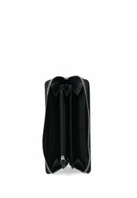 Portafoglio in pelle nera con chiusura a zip. Presenta molteplici scomparti e slot per carte, con una texture liscia e hardware in argento.