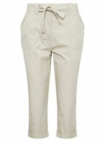 Light beige cropped pants made of cotton, featuring a tie waistband, two side pockets, and rolled cuffs. Smooth texture with minimal design.