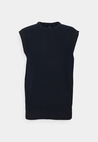 Jersey sin mangas de color azul marino con cuello redondo y dobladillo acanalado. Textura suave, hombros estructurados, diseño minimalista.