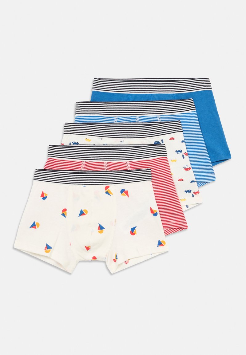 Five pairs of boys' boxer briefs with striped elastic waistbands; features patterns of sailboats, vibrant colors, and soft cotton material.