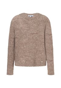 Beige gestrickter Pullover mit langen Ärmeln, Rundhalsausschnitt und strukturiertem Finish. Verfügt über einen gerippten Saum und ein kleines Logo-Tag an der Seite.