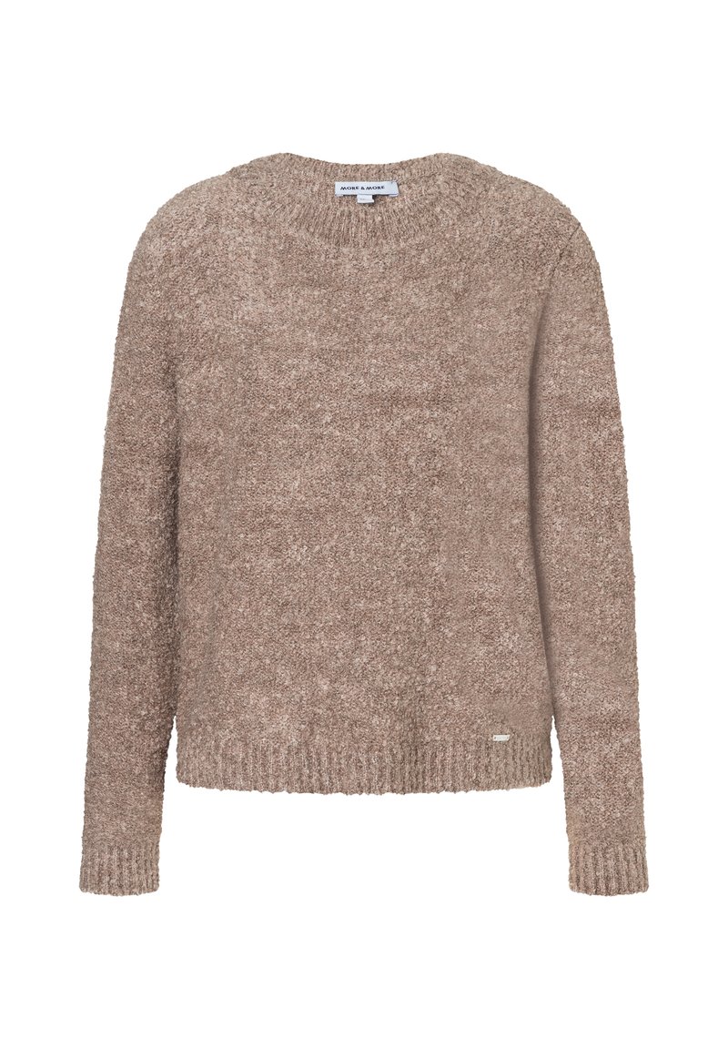 Beige gestrickter Pullover mit langen Ärmeln, Rundhalsausschnitt und strukturiertem Finish. Verfügt über einen gerippten Saum und ein kleines Logo-Tag an der Seite.