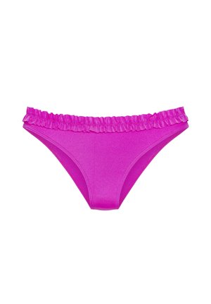 Svetloružové spodné diely bikín s volánikovým pásom, zobrazené na bielom pozadí.