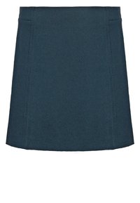 Gonna corta blu navy realizzata in tessuto texturizzato. Presenta un taglio dritto, un design minimalista e dettagli con cuciture verticali sul davanti e sul retro.