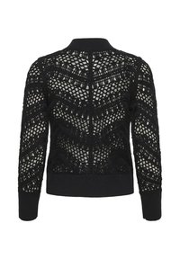 Suéter negro de punto abierto con patrones geométricos en zigzag y forma de diamante, cuello, puños y cintura acanalados, visto desde atrás.