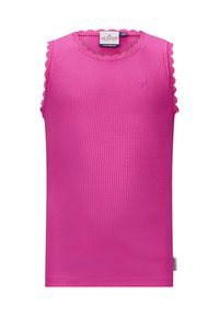 Fuchsia mouwloze top van ribbelstof, met een golvende rand rond de halslijn en armsgaten, voorzien van een klein logo detail aan de voorkant.