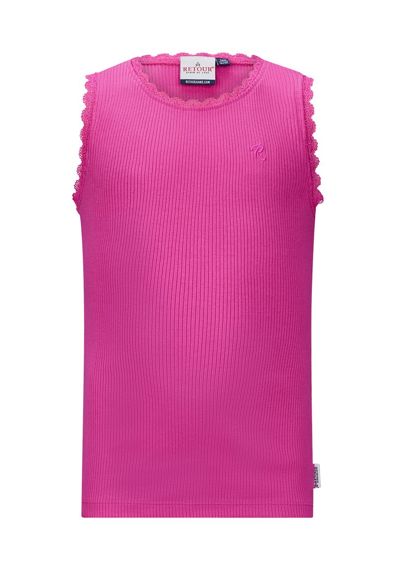 Fuchsia mouwloze top van ribbelstof, met een golvende rand rond de halslijn en armsgaten, voorzien van een klein logo detail aan de voorkant.