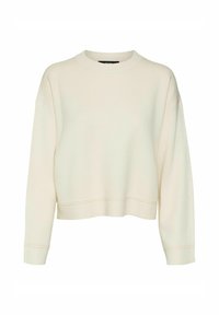 Kreemikollane sweatshirt ümmarguse kaelusega, pikad varrukad ja lühike lõige. Sujuv tekstuur ja lõdva istuvusega. Nähtavad õmbluse detailid.