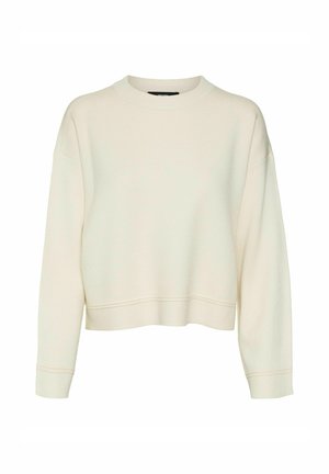 Sweatshirt couleur crème avec un col rond, des manches longues et un ourlet court. Texture lisse et coupe décontractée. Détails de couture visibles.