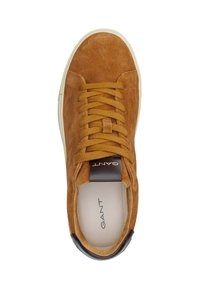 Hnědé semišové tenisky s hladkou bílou podrážkou. Mají ploché šněrování a tmavou koženou akcentu na patě. Logo značky uvnitř.