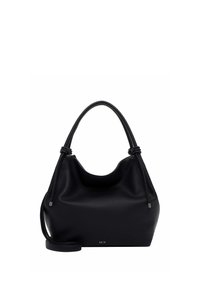 Melna teksturēta ādas rokassoma ar apaļu augšējo rokturi, auklas detaļām un noņemamu plecu siksnu.