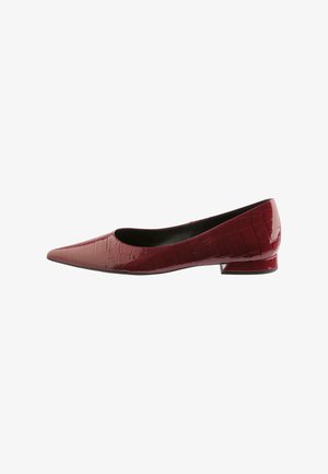 Burgundy patent leather flat shoes with a pointed toe, croc-embossed texture, and a low block heel. No visible hardware or accents.