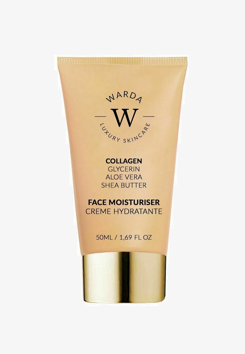Nawilżający krem do twarzy z kolagenem w beżowej tubie ze złotą podstawą. Tekst zawiera "Warda Luxury Skincare", składniki oraz objętość w mililitrach.