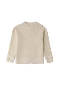 Jersey color crema hecho de tejido texturizado, con cuello redondo y dobladillo acanalado. Manga larga con una apariencia suave y peluda.